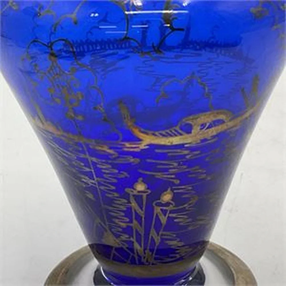 Vintage Cobalt Blue Glass Decanter Silver Overlay Venetian Gondola & Stopper